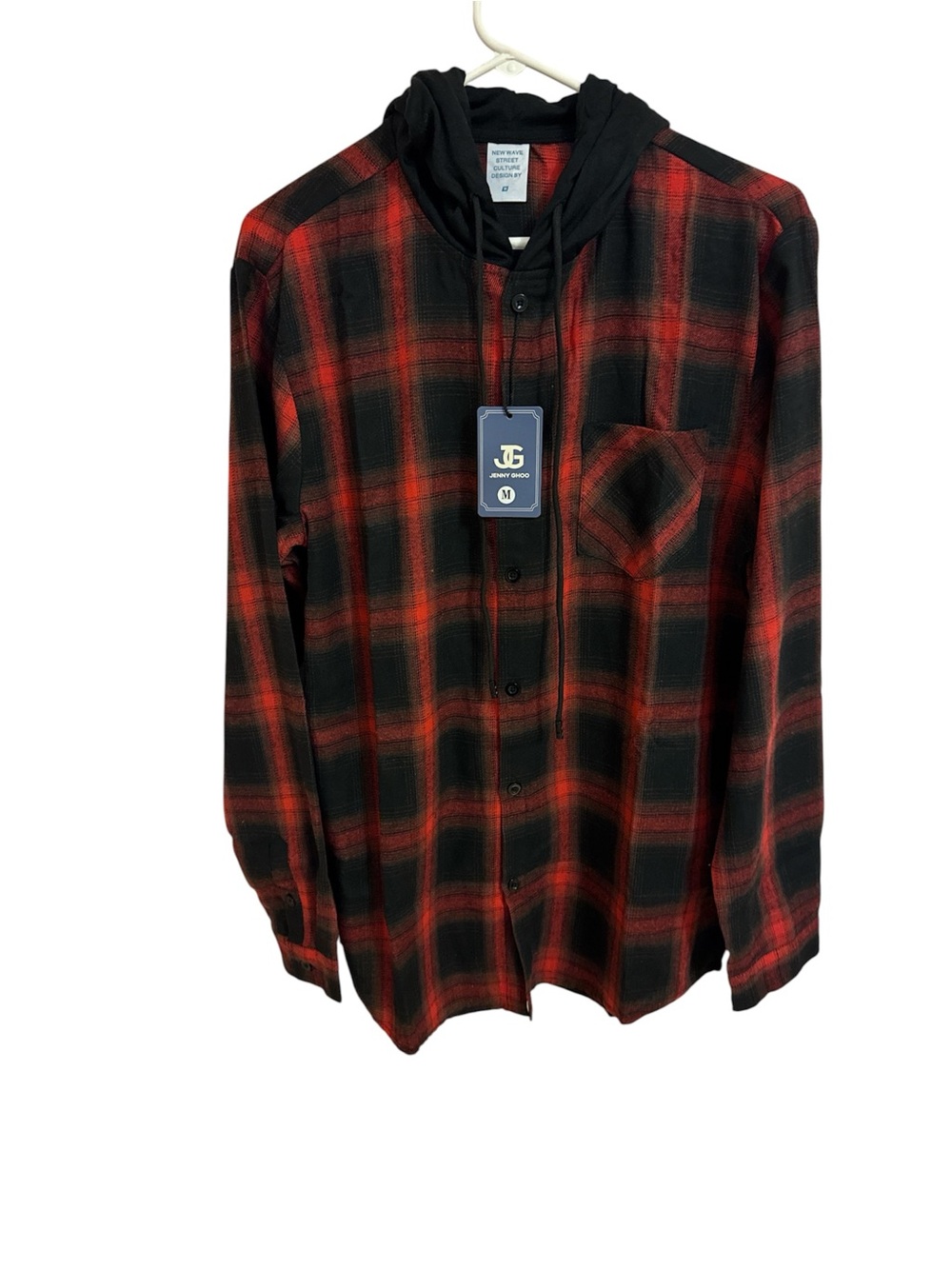 Red & Black Plaid Button-Down Hoodie Shirt